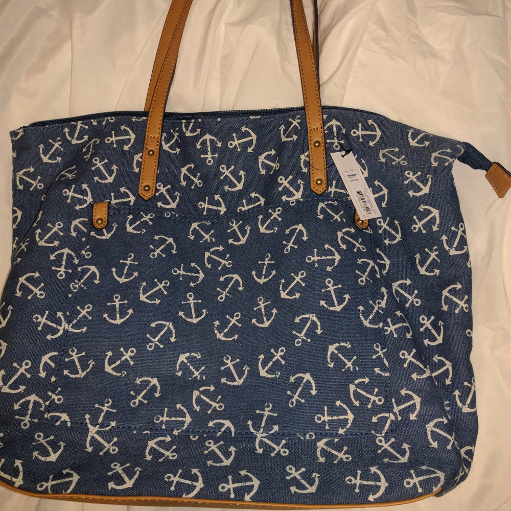 Navy Chambray Look Canvas Nautical Anchor Purse